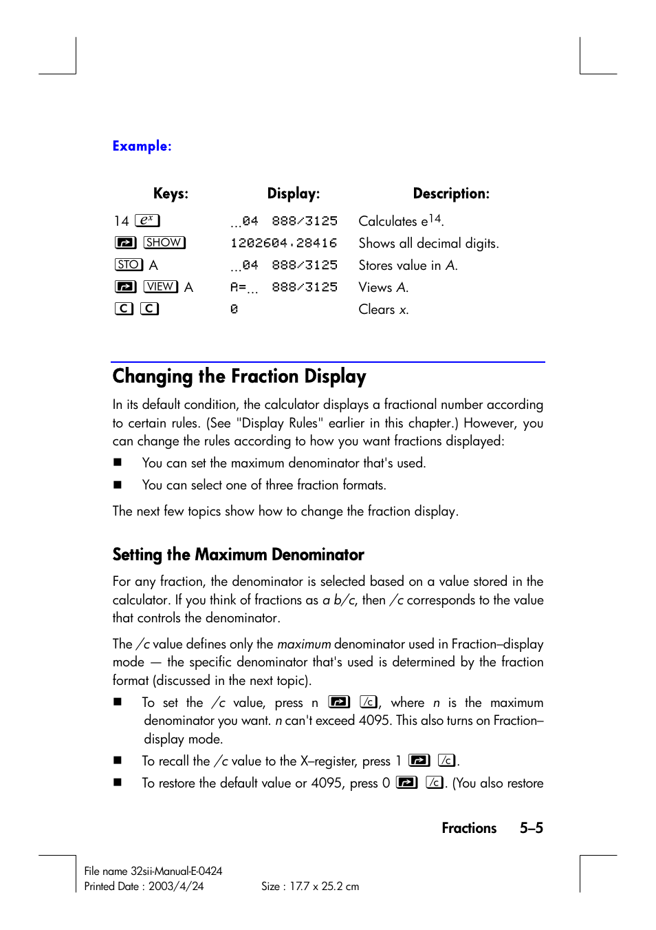 Changing the fraction display, Setting the maximum denominator | HP 32SII User Manual | Page 83 / 376