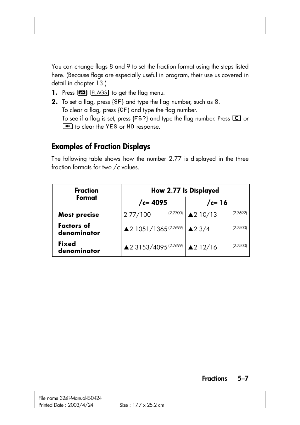 Examples of fraction displays | HP 32SII User Manual | Page 85 / 376