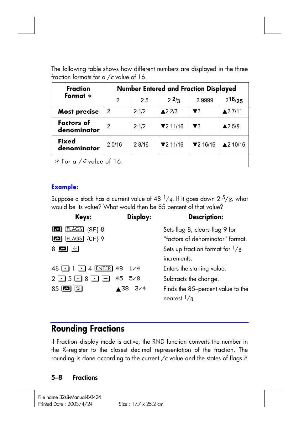 Rounding fractions | HP 32SII User Manual | Page 86 / 376