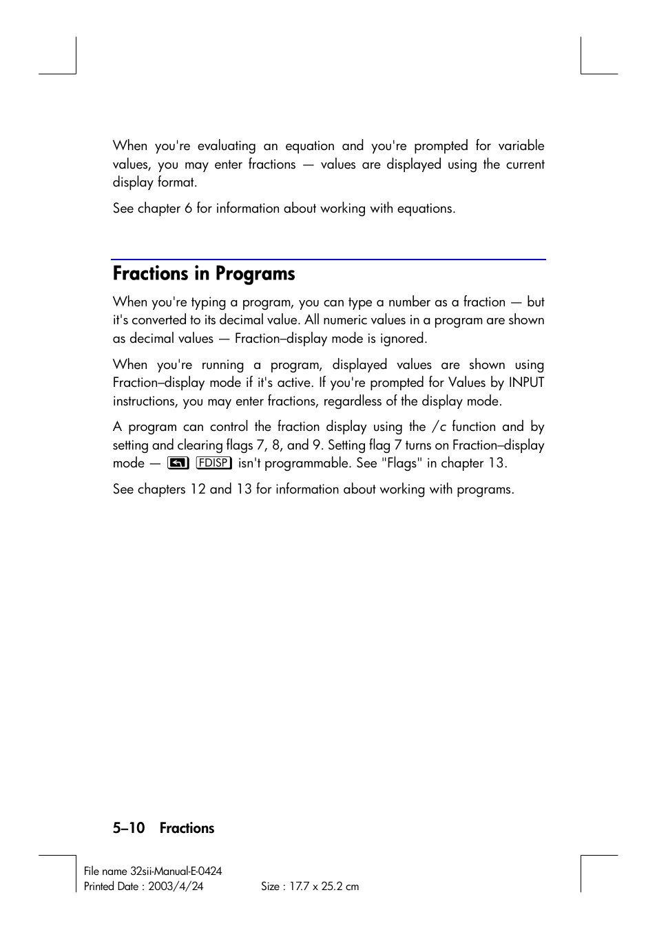 Fractions in programs | HP 32SII User Manual | Page 88 / 376