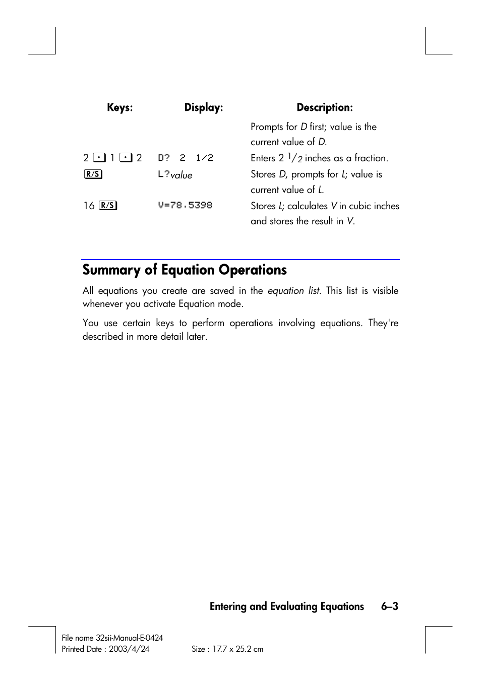 Summary of equation operations | HP 32SII User Manual | Page 91 / 376