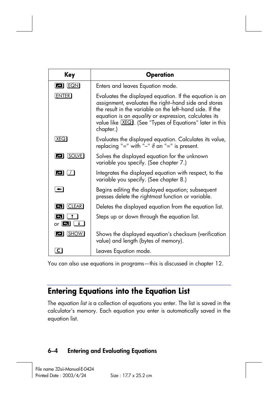 Entering equations into the equation list | HP 32SII User Manual | Page 92 / 376