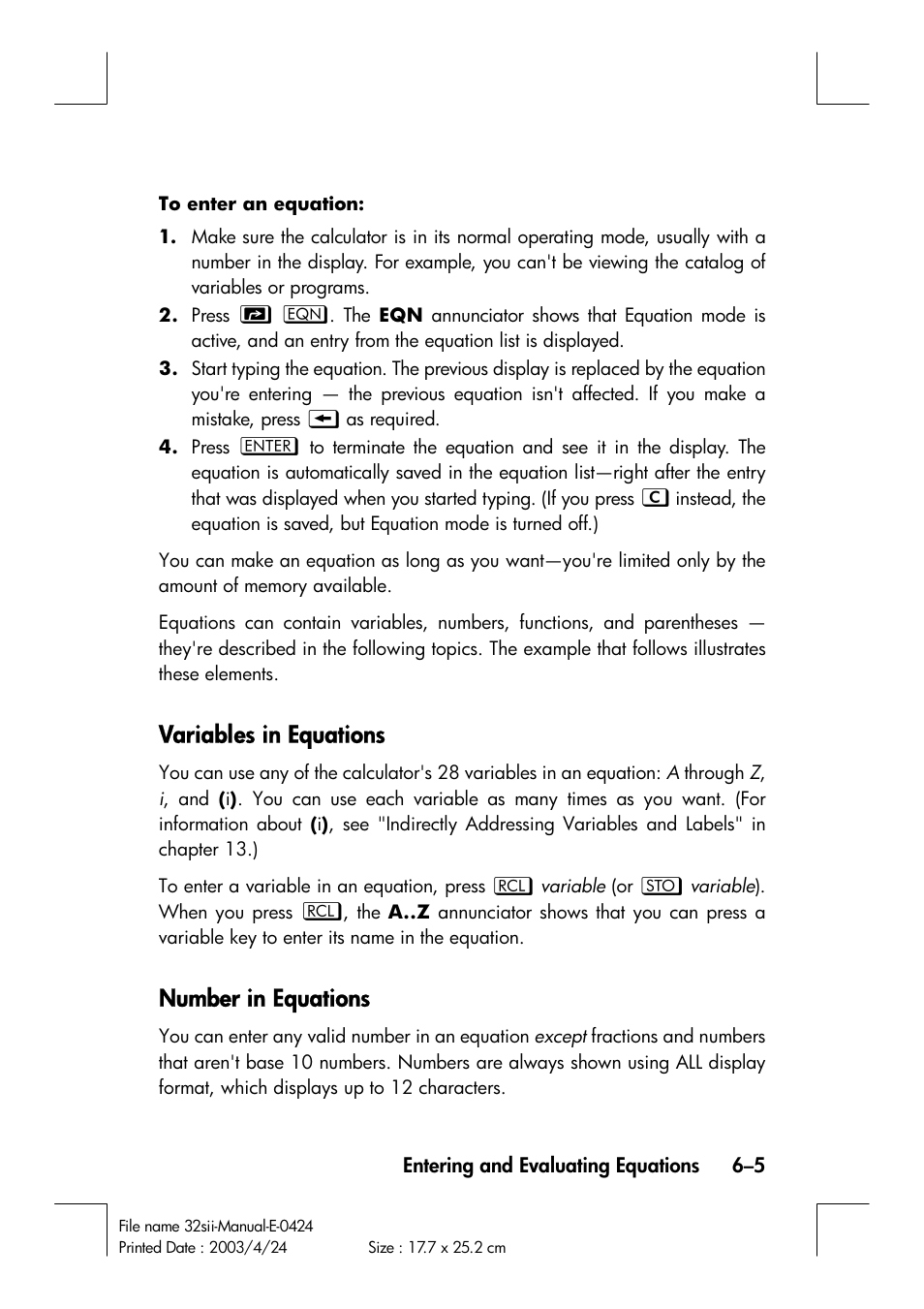 Variables in equations, Number in equations | HP 32SII User Manual | Page 93 / 376