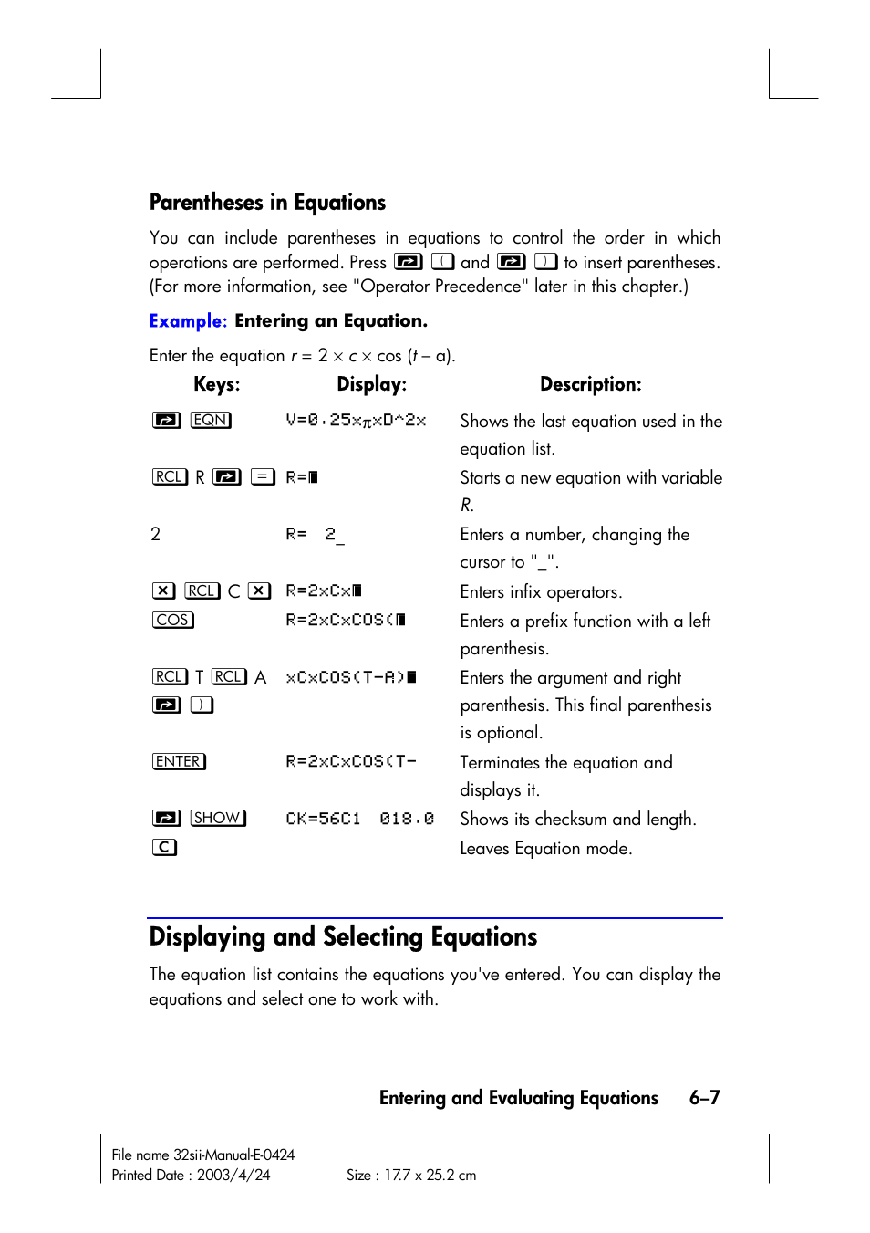 Displaying and selecting equations, Parentheses in equations | HP 32SII User Manual | Page 95 / 376