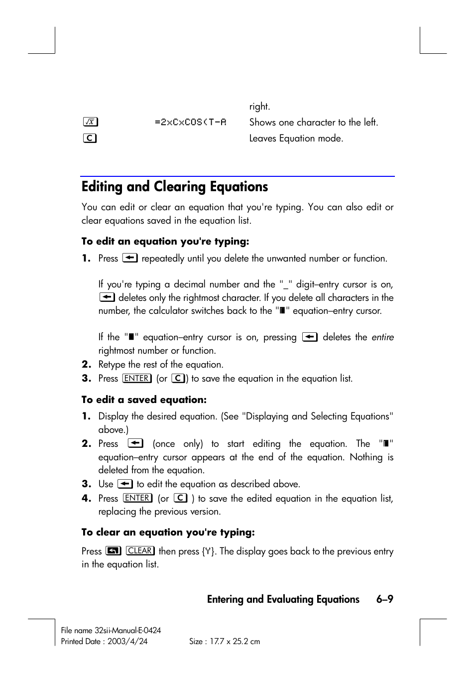 Editing and clearing equations | HP 32SII User Manual | Page 97 / 376