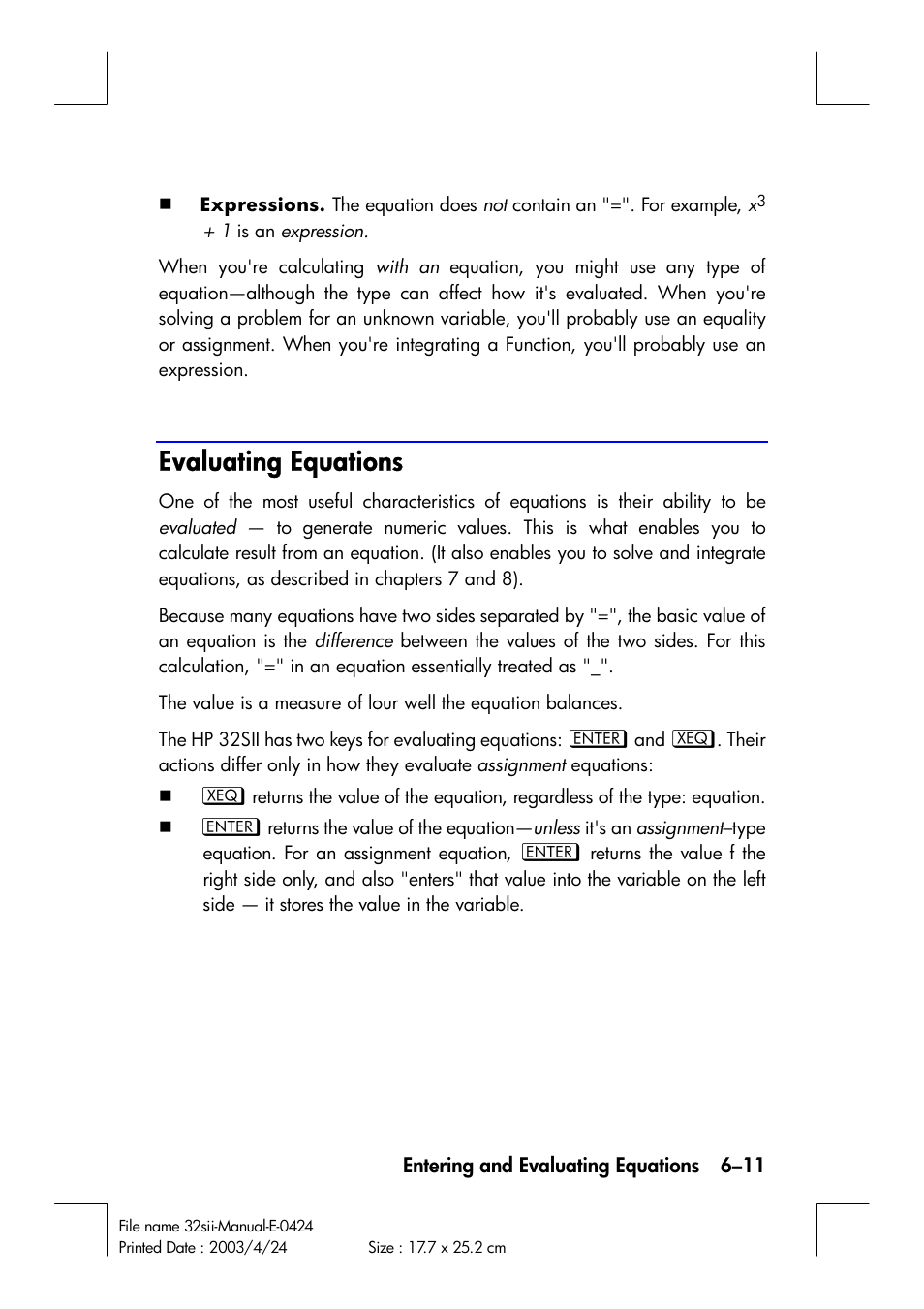 Evaluating equations | HP 32SII User Manual | Page 99 / 376