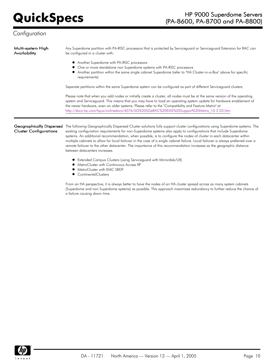 Quickspecs, Hp 9000 superdome servers | HP PA 8800 User Manual | Page 10 / 44