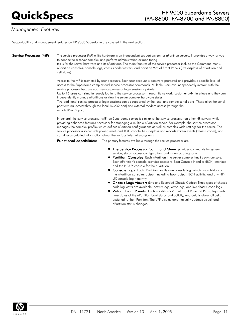 Management features, Quickspecs, Hp 9000 superdome servers | HP PA 8800 User Manual | Page 11 / 44