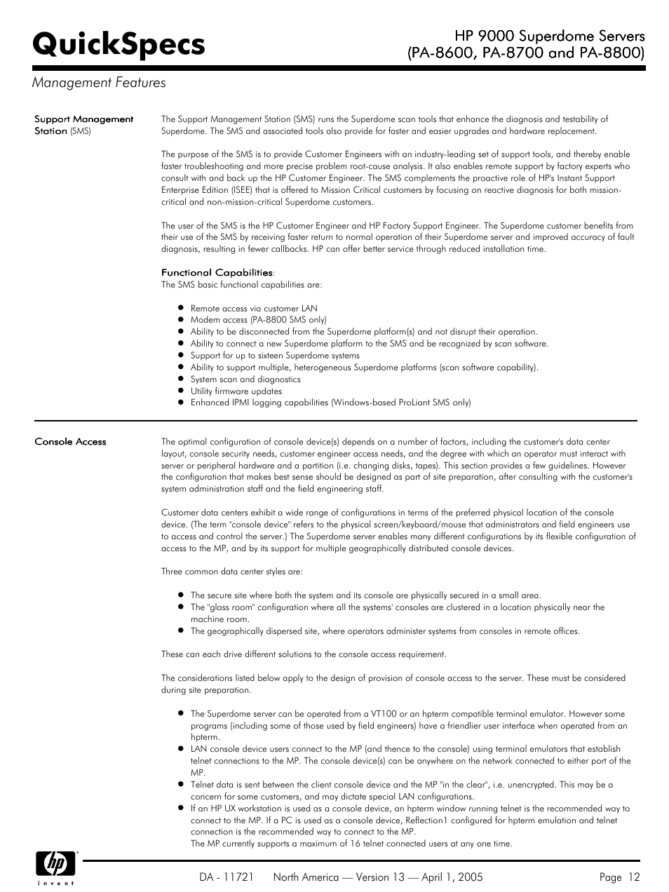 Quickspecs, Hp 9000 superdome servers | HP PA 8800 User Manual | Page 12 / 44