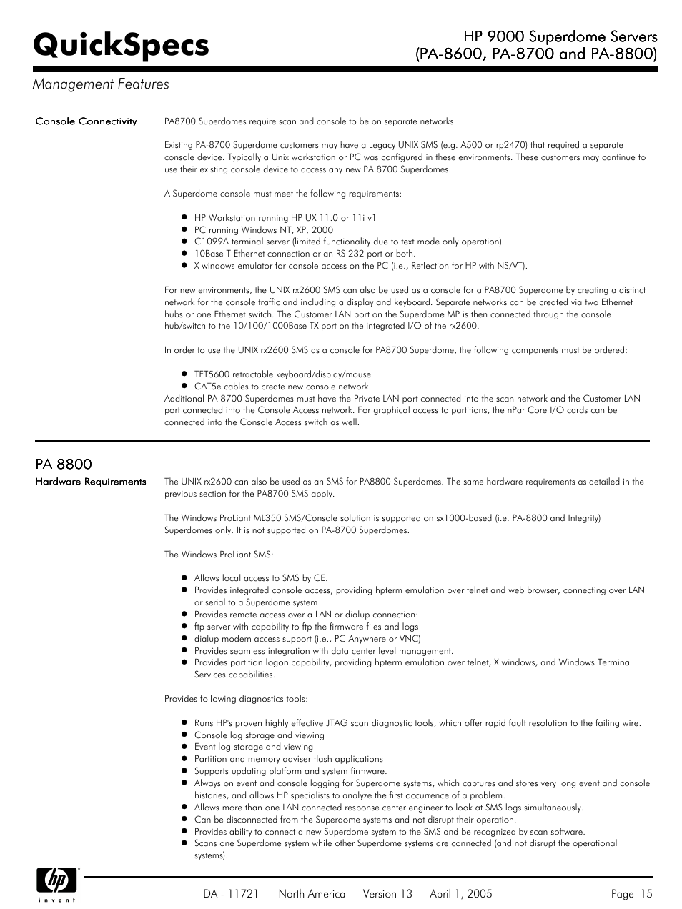 Quickspecs, Hp 9000 superdome servers | HP PA 8800 User Manual | Page 15 / 44