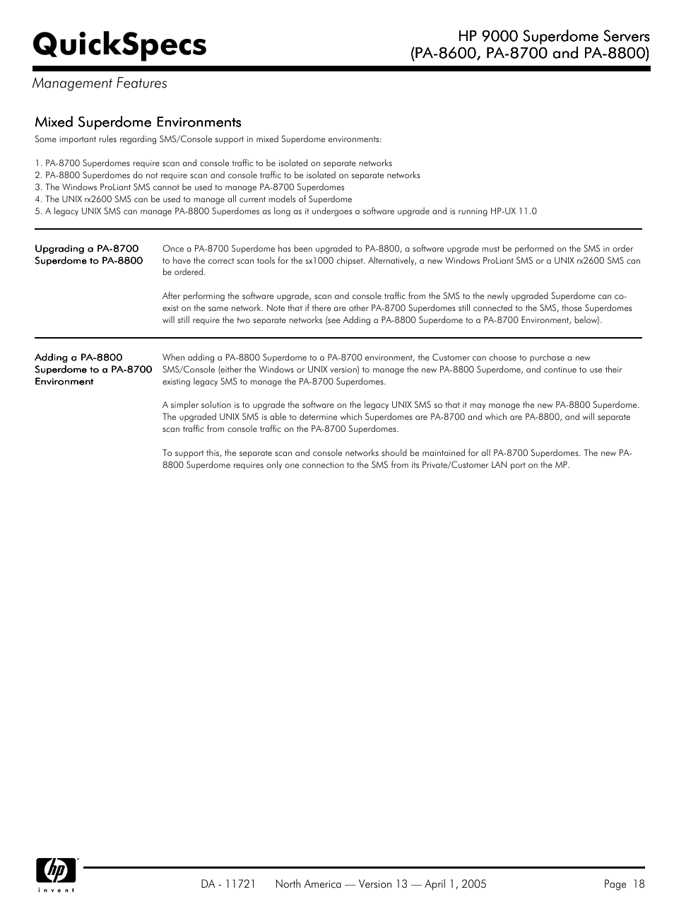 Quickspecs, Hp 9000 superdome servers, Mixed superdome environments | HP PA 8800 User Manual | Page 18 / 44