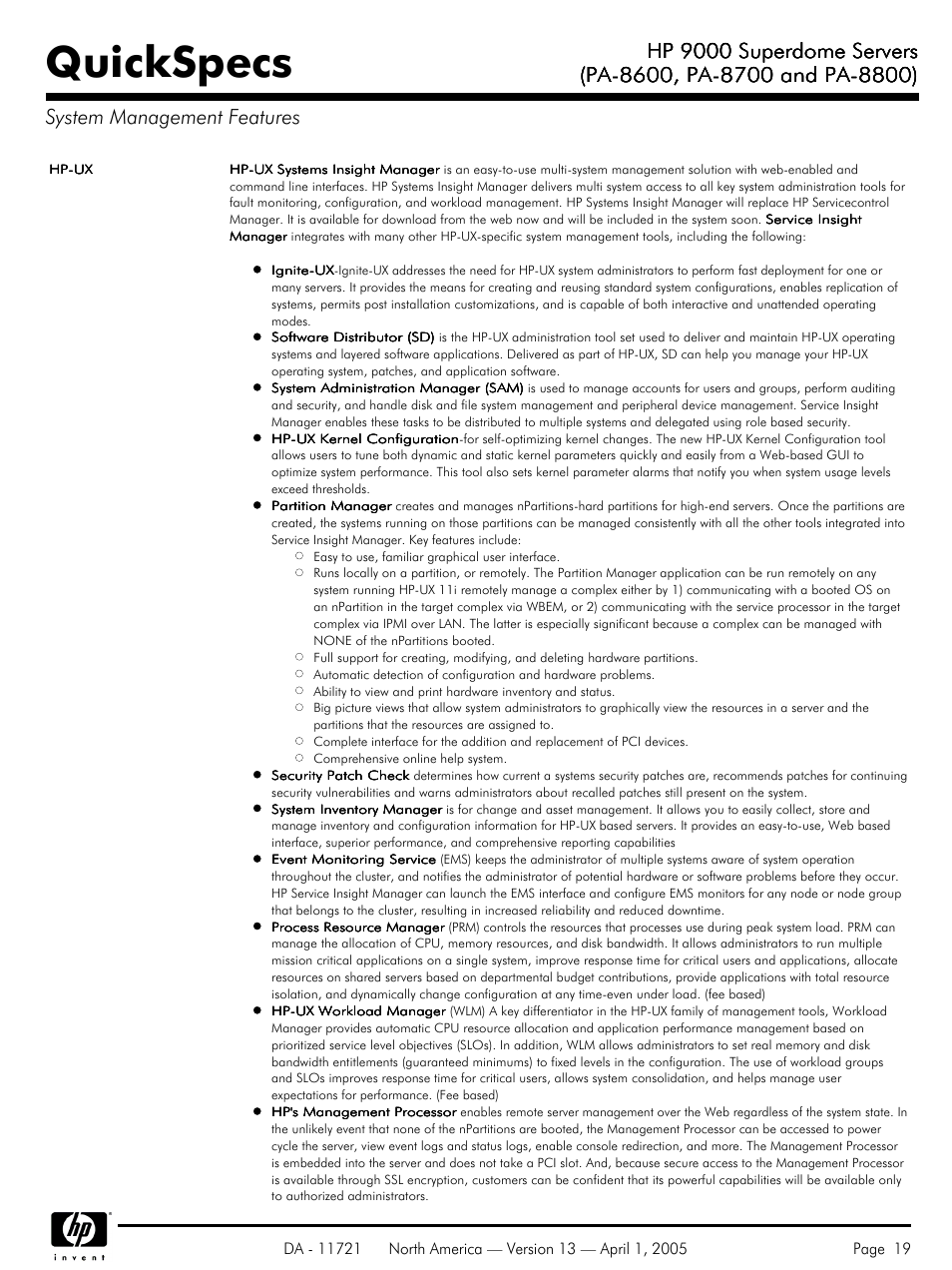 System management features, Quickspecs, Hp 9000 superdome servers | HP PA 8800 User Manual | Page 19 / 44