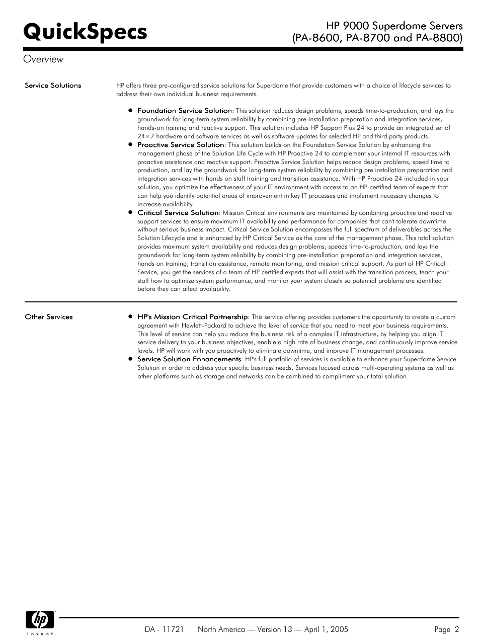 Quickspecs, Hp 9000 superdome servers | HP PA 8800 User Manual | Page 2 / 44