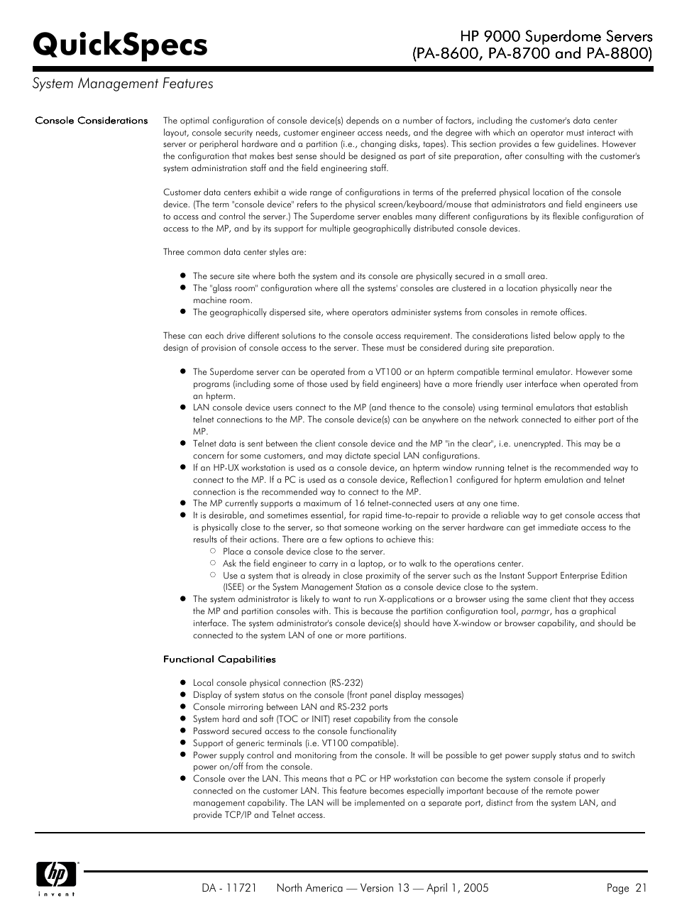 Quickspecs, Hp 9000 superdome servers | HP PA 8800 User Manual | Page 21 / 44