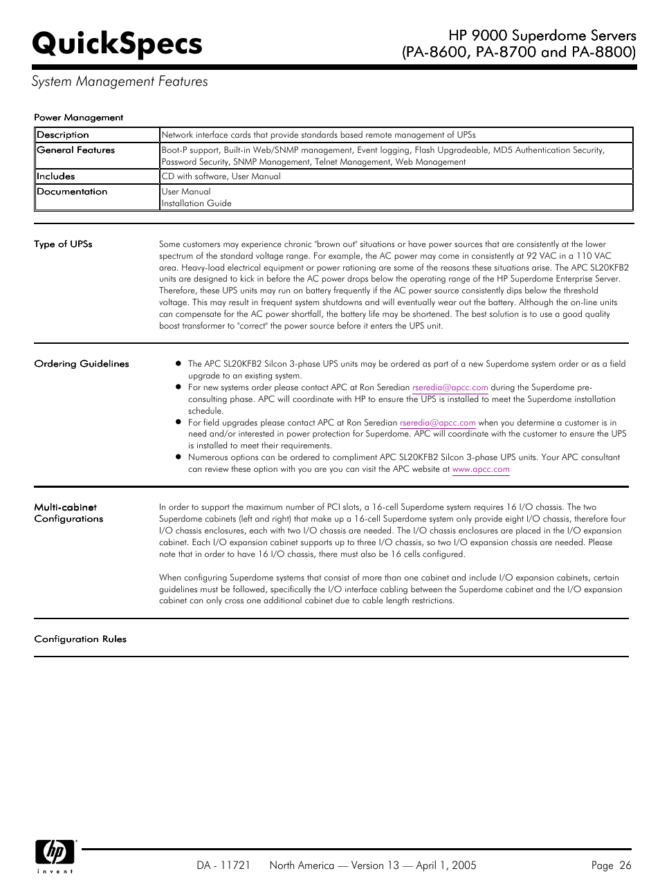 Quickspecs, Hp 9000 superdome servers | HP PA 8800 User Manual | Page 26 / 44