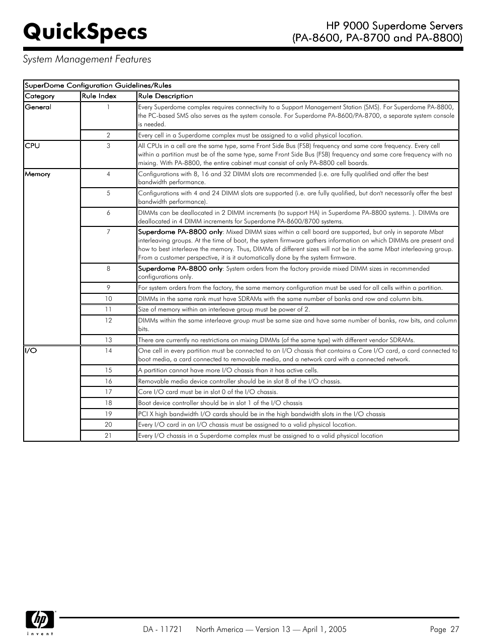 Quickspecs, Hp 9000 superdome servers | HP PA 8800 User Manual | Page 27 / 44