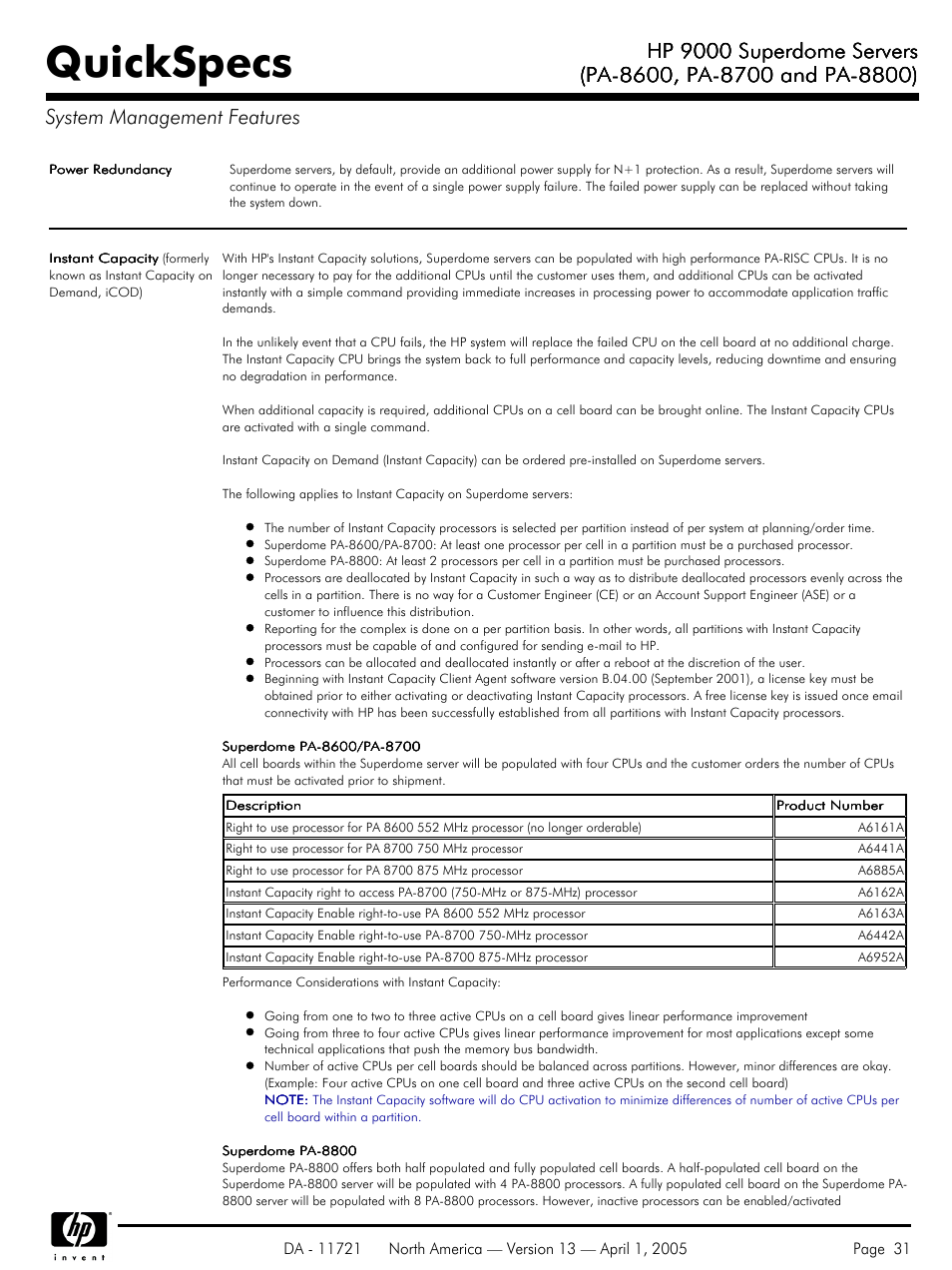 Quickspecs, Hp 9000 superdome servers | HP PA 8800 User Manual | Page 31 / 44