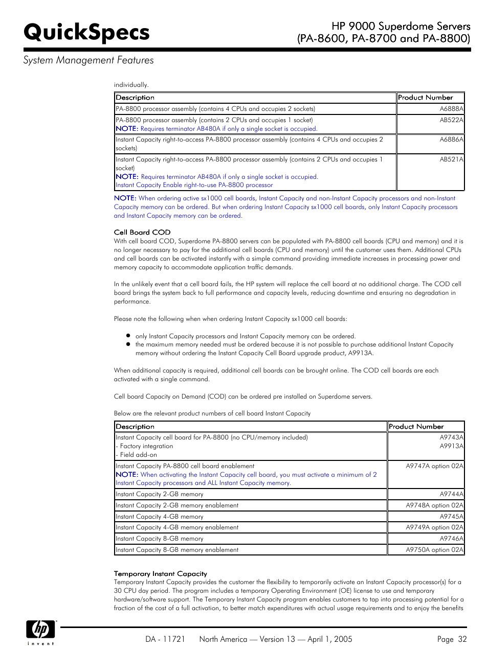 Quickspecs, Hp 9000 superdome servers | HP PA 8800 User Manual | Page 32 / 44