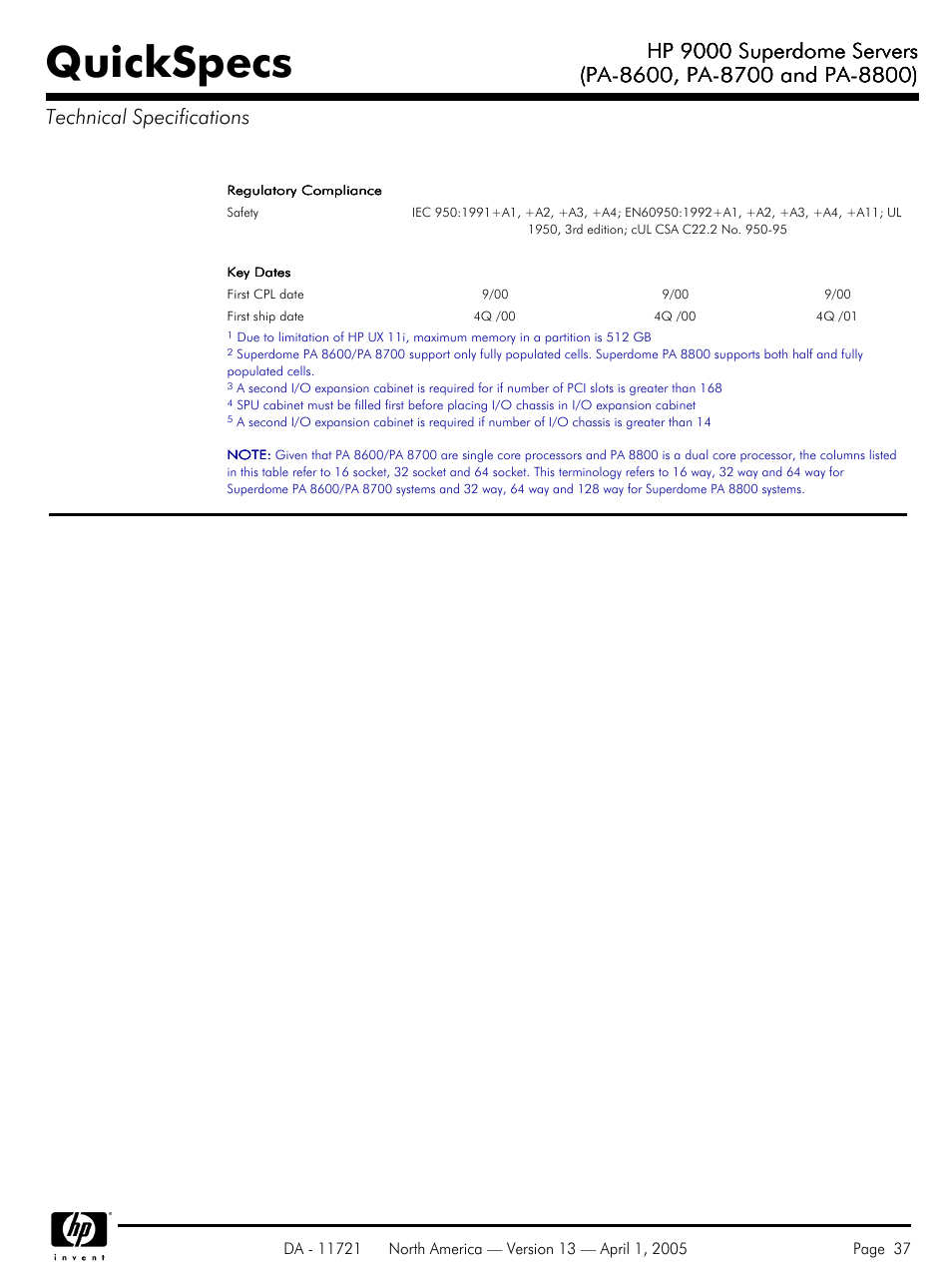 Quickspecs, Hp 9000 superdome servers | HP PA 8800 User Manual | Page 37 / 44