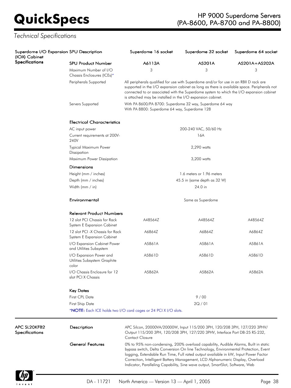 Quickspecs, Hp 9000 superdome servers | HP PA 8800 User Manual | Page 38 / 44