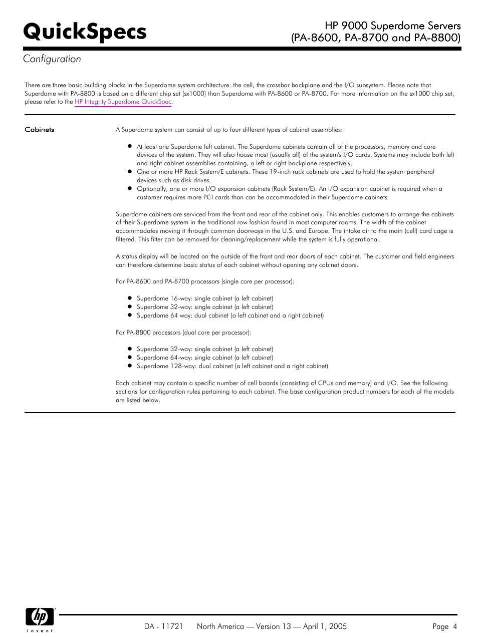 Configuration, Quickspecs, Hp 9000 superdome servers | HP PA 8800 User Manual | Page 4 / 44