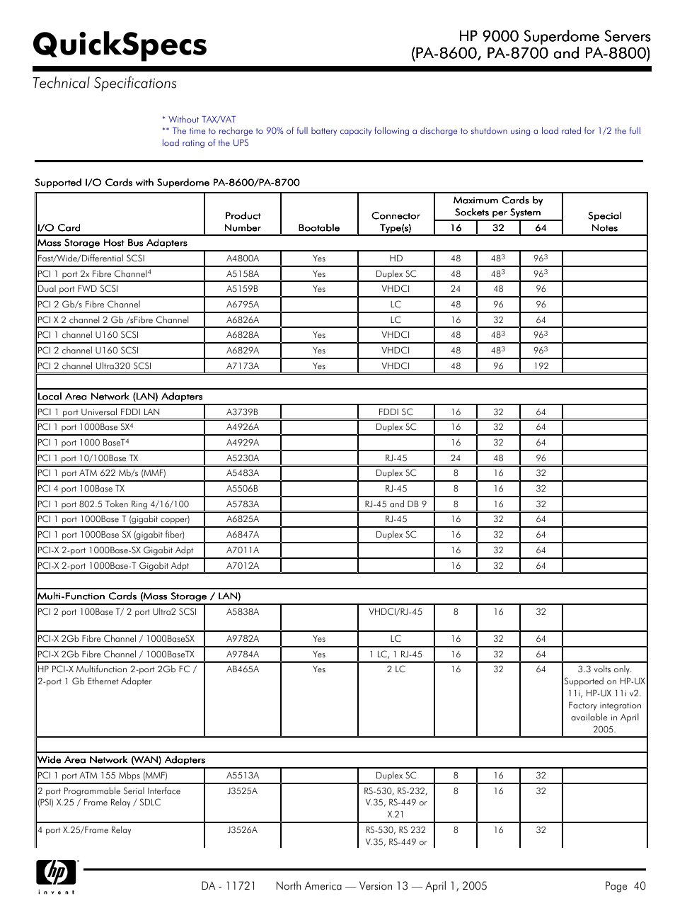 Quickspecs, Hp 9000 superdome servers | HP PA 8800 User Manual | Page 40 / 44