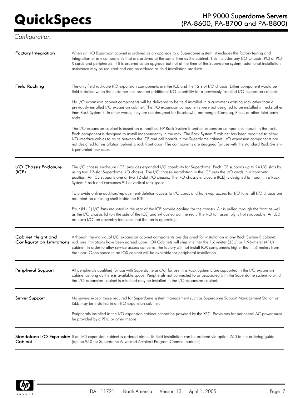 Quickspecs, Hp 9000 superdome servers | HP PA 8800 User Manual | Page 7 / 44