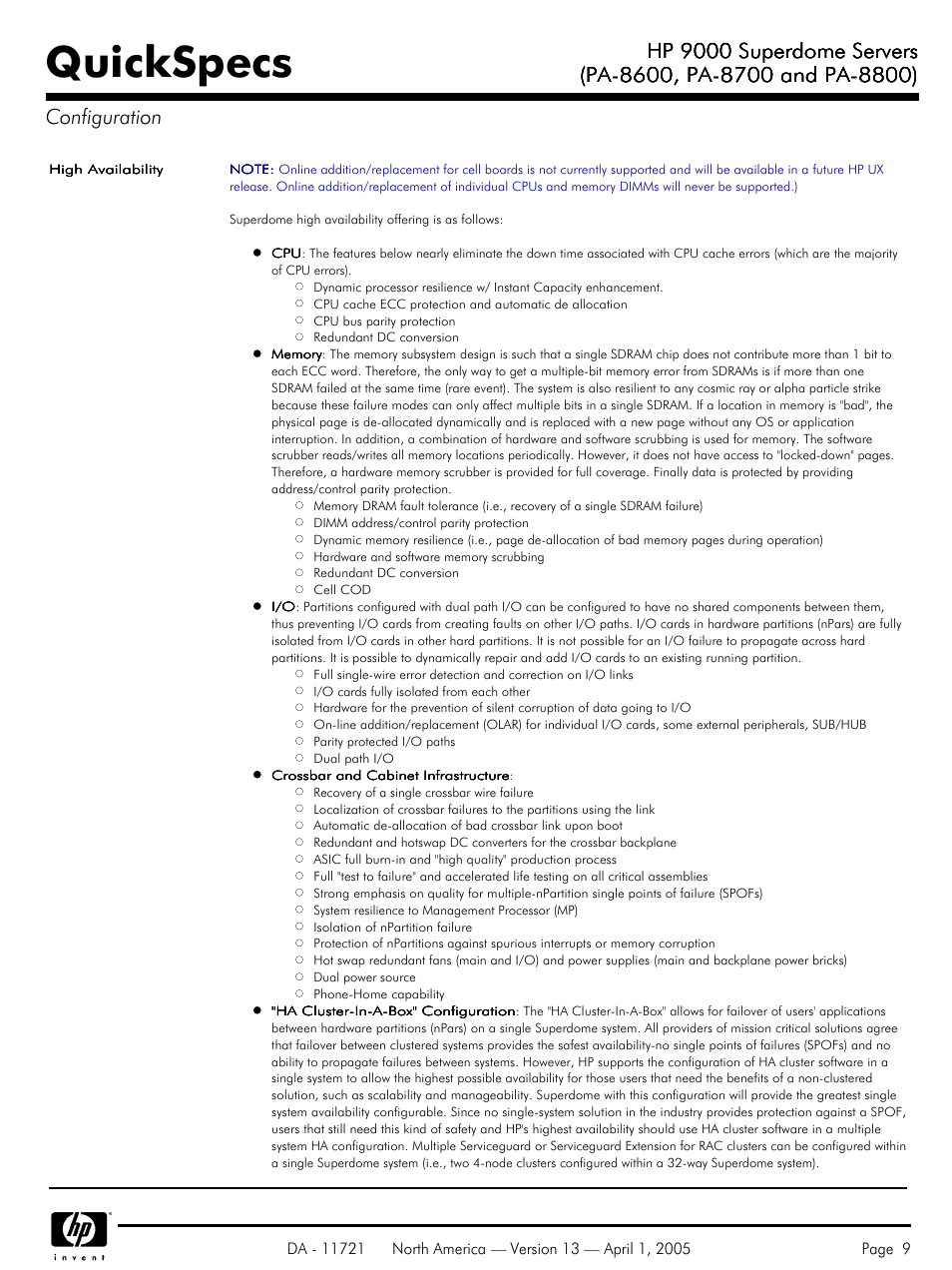 Quickspecs, Hp 9000 superdome servers | HP PA 8800 User Manual | Page 9 / 44