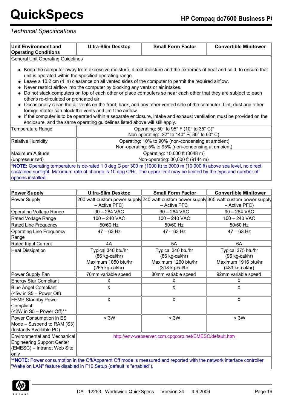 Technical specifications, Quickspecs | HP Compaq Business PC dc7600 User Manual | Page 16 / 51