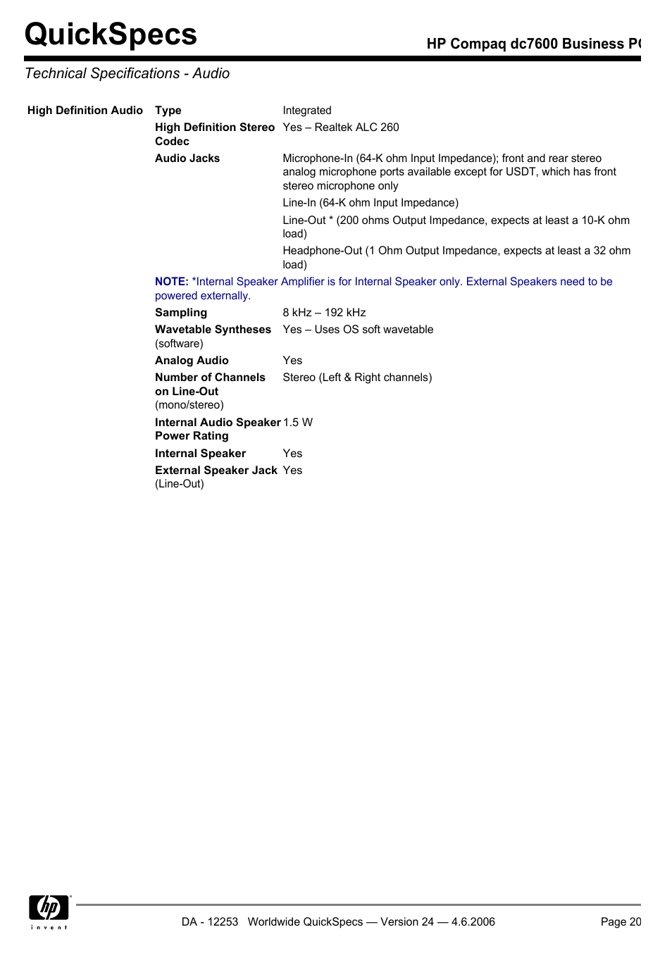 Technical specifications - audio, Quickspecs | HP Compaq Business PC dc7600 User Manual | Page 20 / 51
