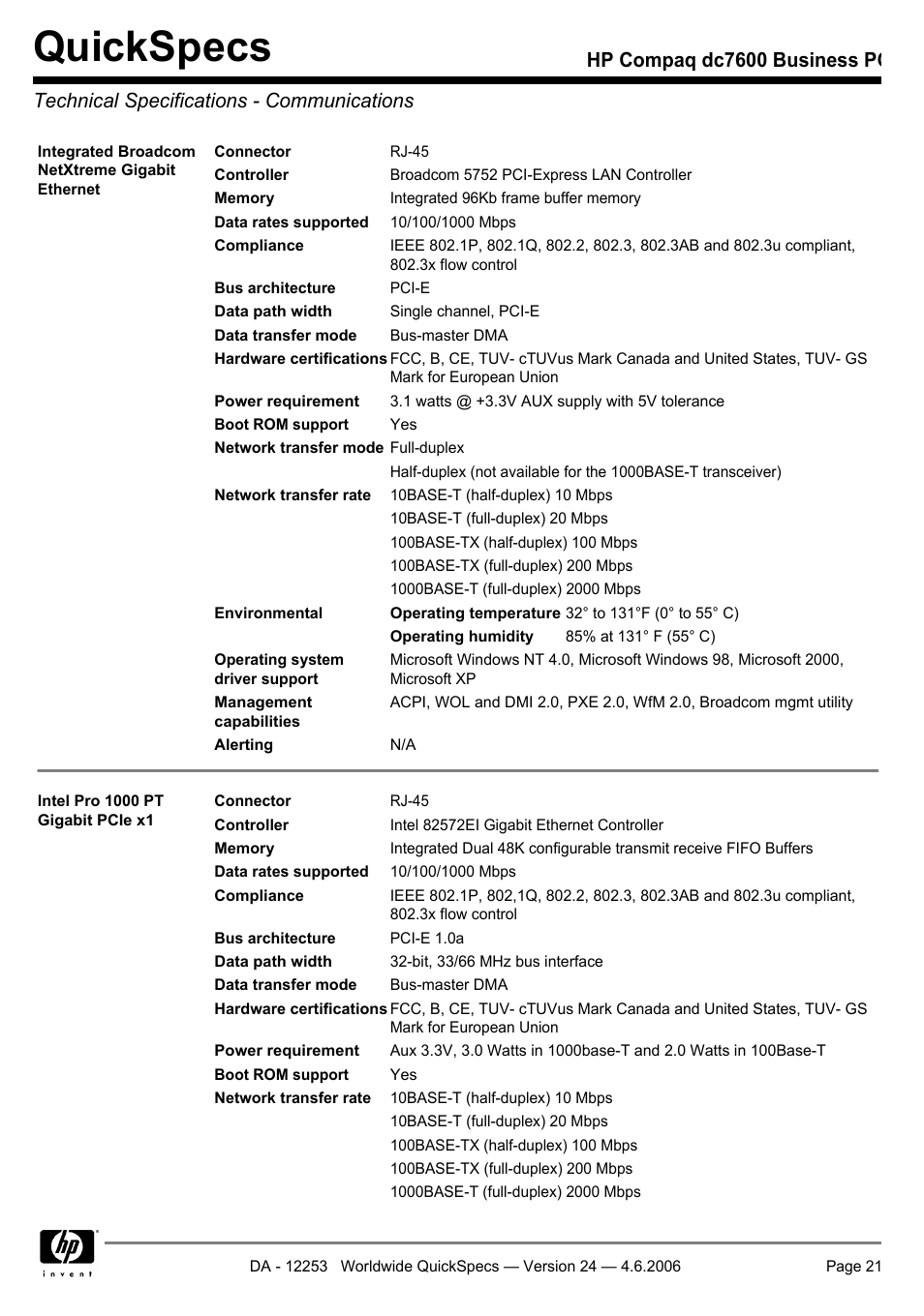 Technical specifications - communications, Quickspecs | HP Compaq Business PC dc7600 User Manual | Page 21 / 51