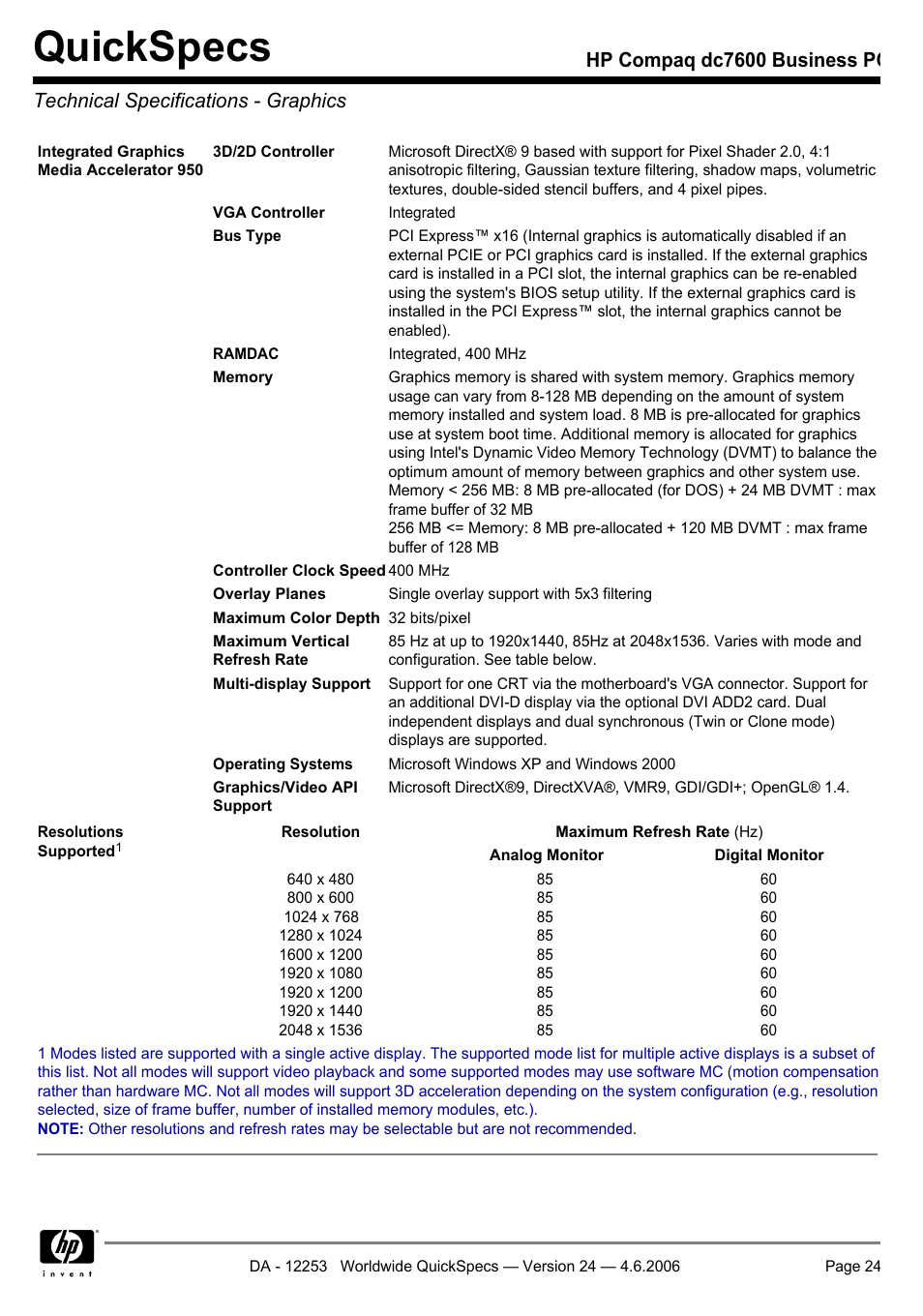 Technical specifications - graphics, Quickspecs | HP Compaq Business PC dc7600 User Manual | Page 24 / 51