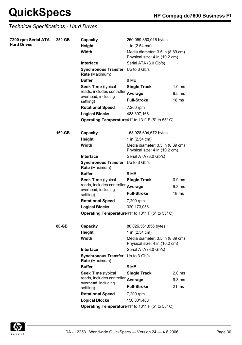 Technical specifications - hard drives, Quickspecs | HP Compaq Business PC dc7600 User Manual | Page 30 / 51