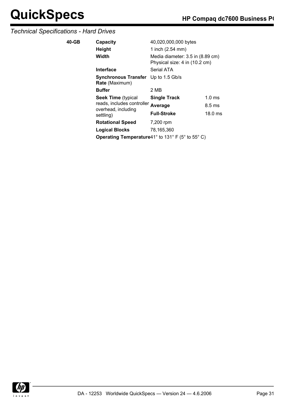 Quickspecs | HP Compaq Business PC dc7600 User Manual | Page 31 / 51