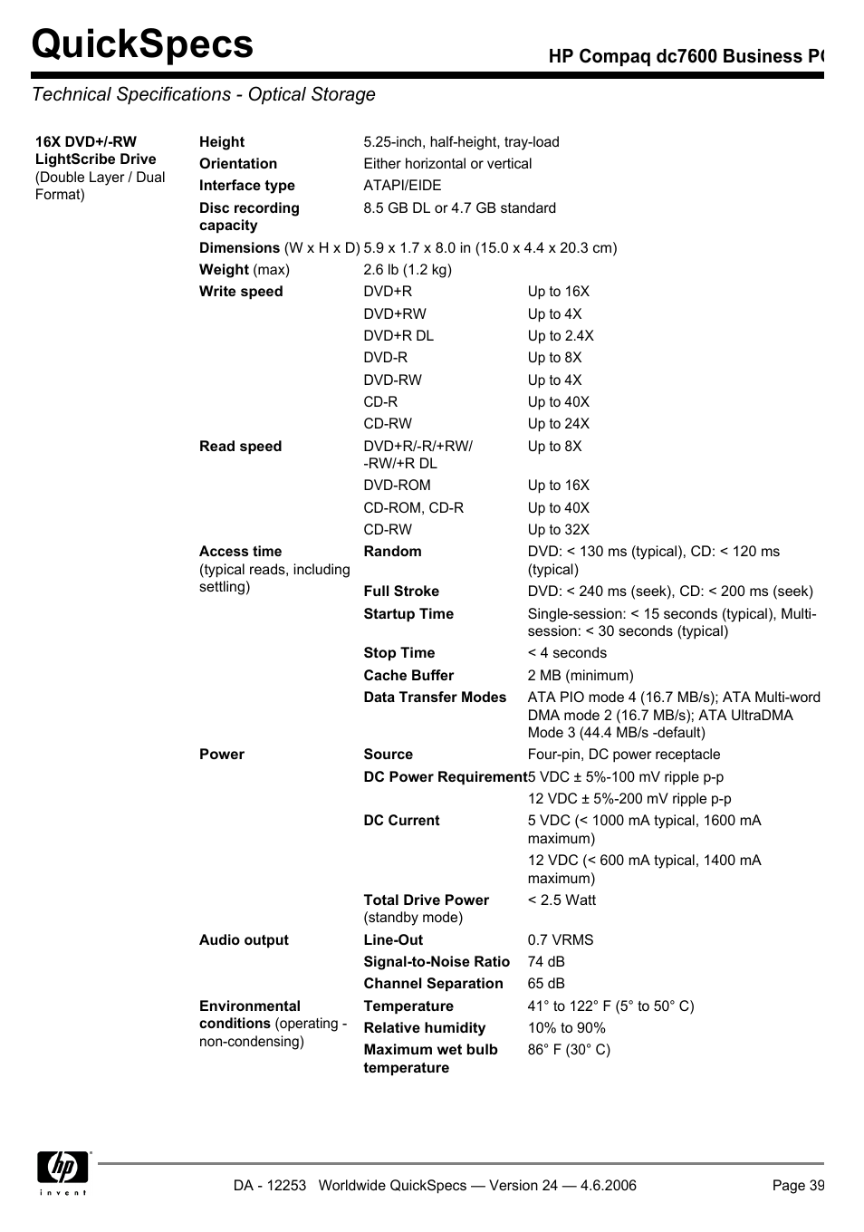 Technical specifications - optical storage, Quickspecs | HP Compaq Business PC dc7600 User Manual | Page 39 / 51