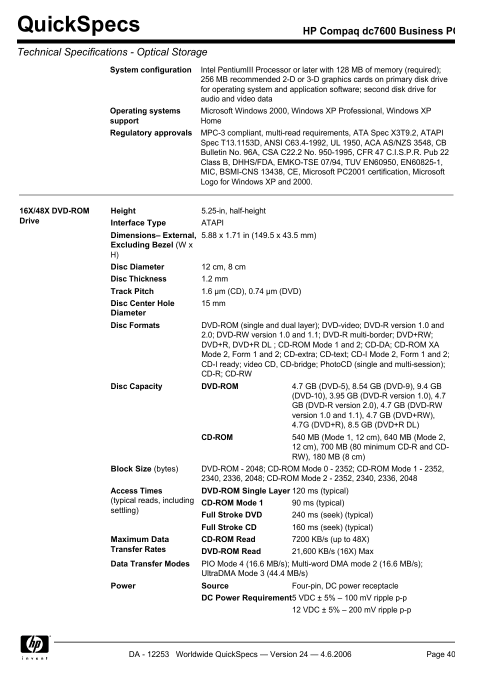 Quickspecs | HP Compaq Business PC dc7600 User Manual | Page 40 / 51