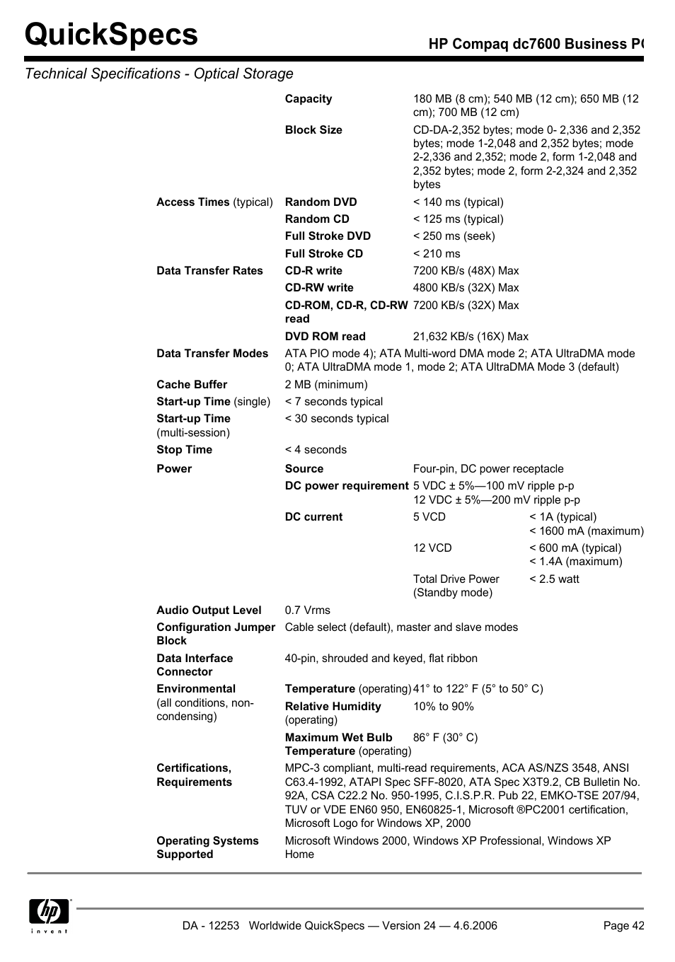 Quickspecs | HP Compaq Business PC dc7600 User Manual | Page 42 / 51
