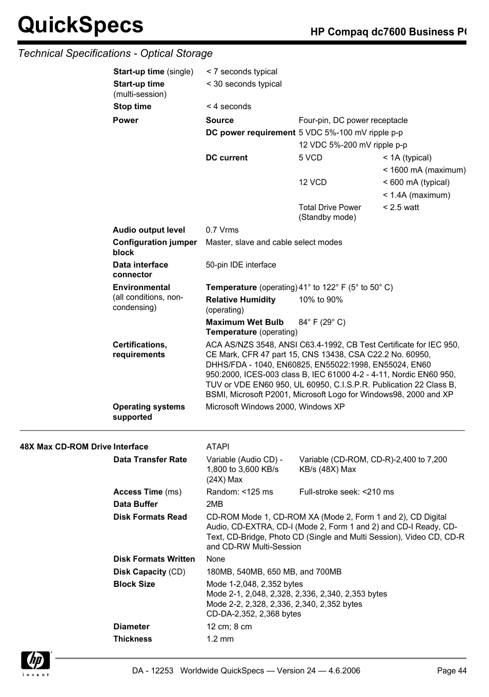 Quickspecs | HP Compaq Business PC dc7600 User Manual | Page 44 / 51