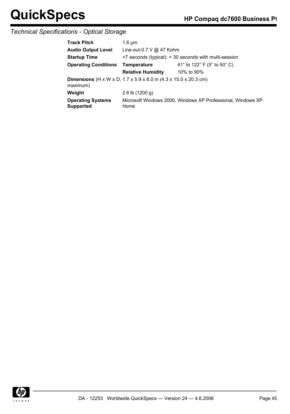 Quickspecs | HP Compaq Business PC dc7600 User Manual | Page 45 / 51