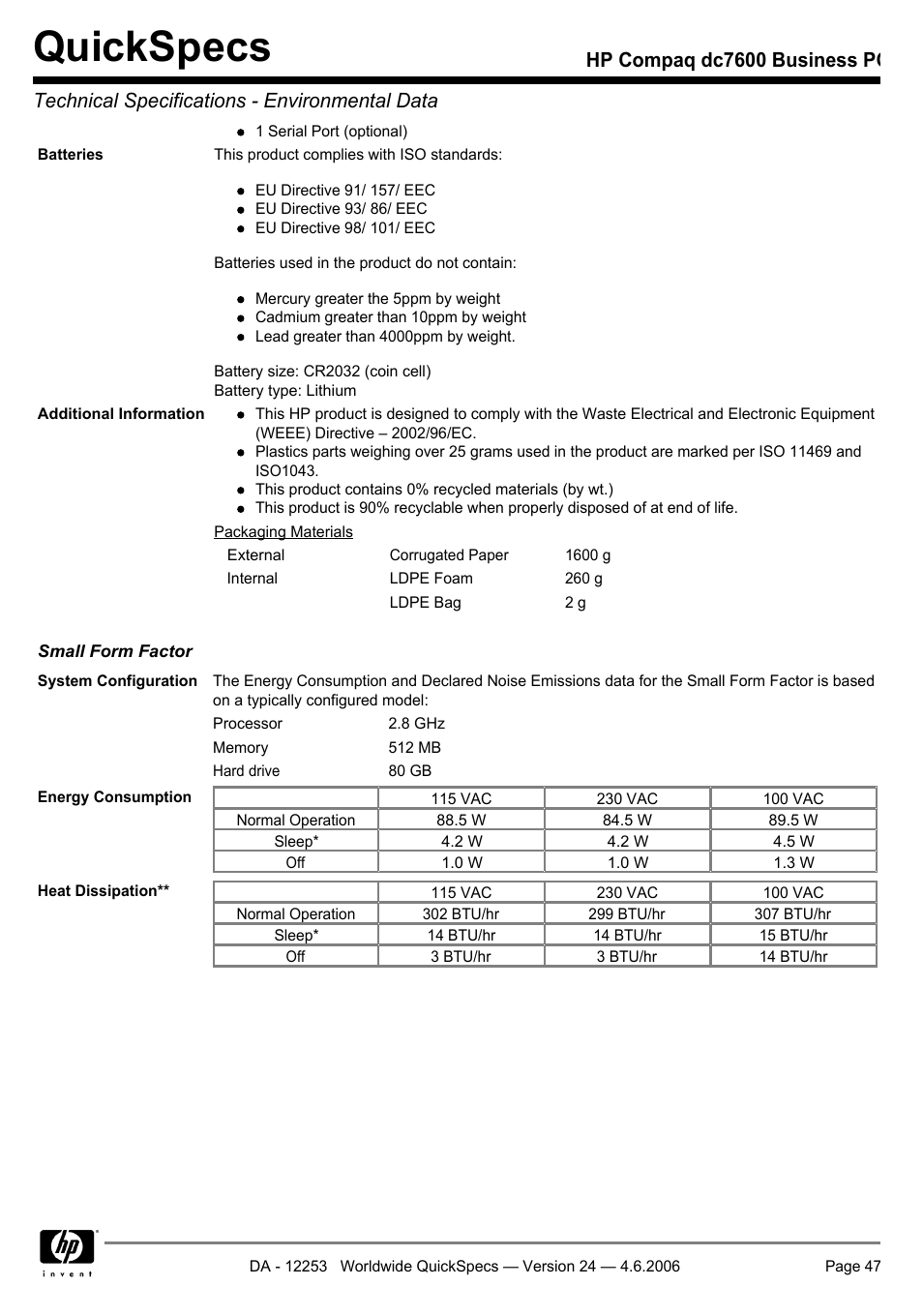 Quickspecs | HP Compaq Business PC dc7600 User Manual | Page 47 / 51