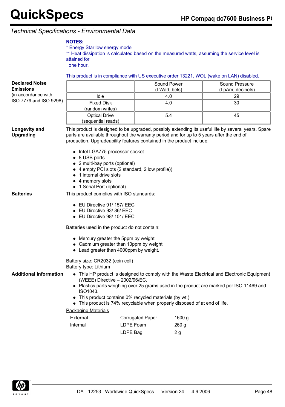 Quickspecs | HP Compaq Business PC dc7600 User Manual | Page 48 / 51