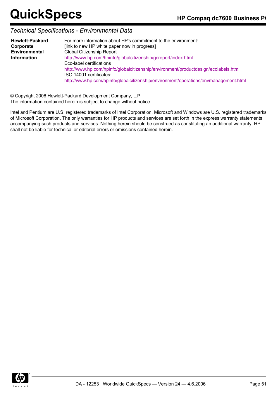 Quickspecs | HP Compaq Business PC dc7600 User Manual | Page 51 / 51