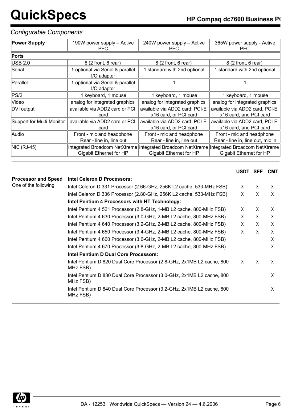 Quickspecs | HP Compaq Business PC dc7600 User Manual | Page 6 / 51