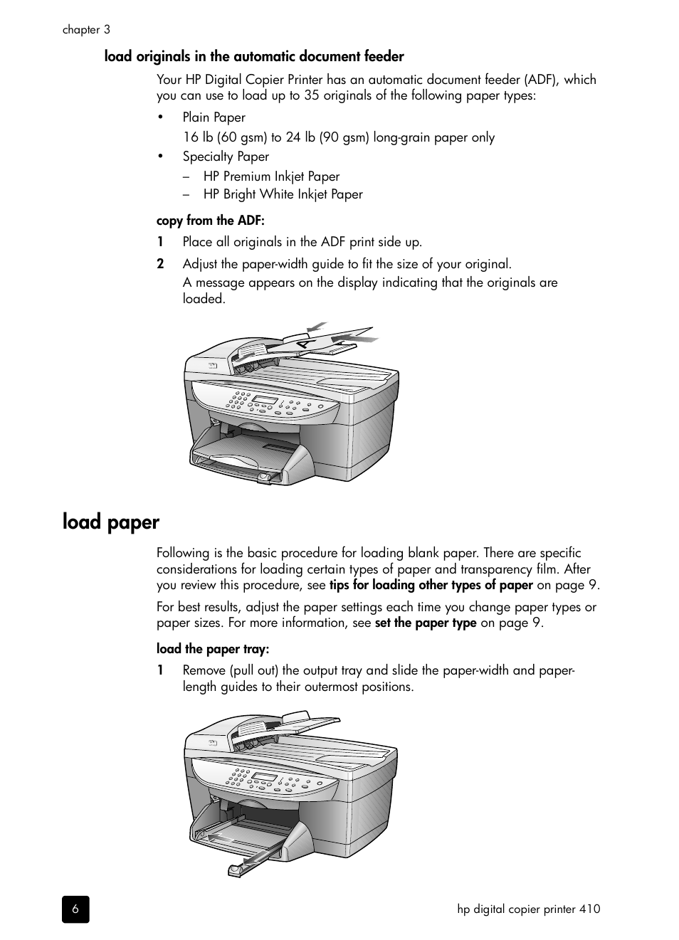 Load originals in the automatic document feeder, Load paper | HP 410 User Manual | Page 10 / 64