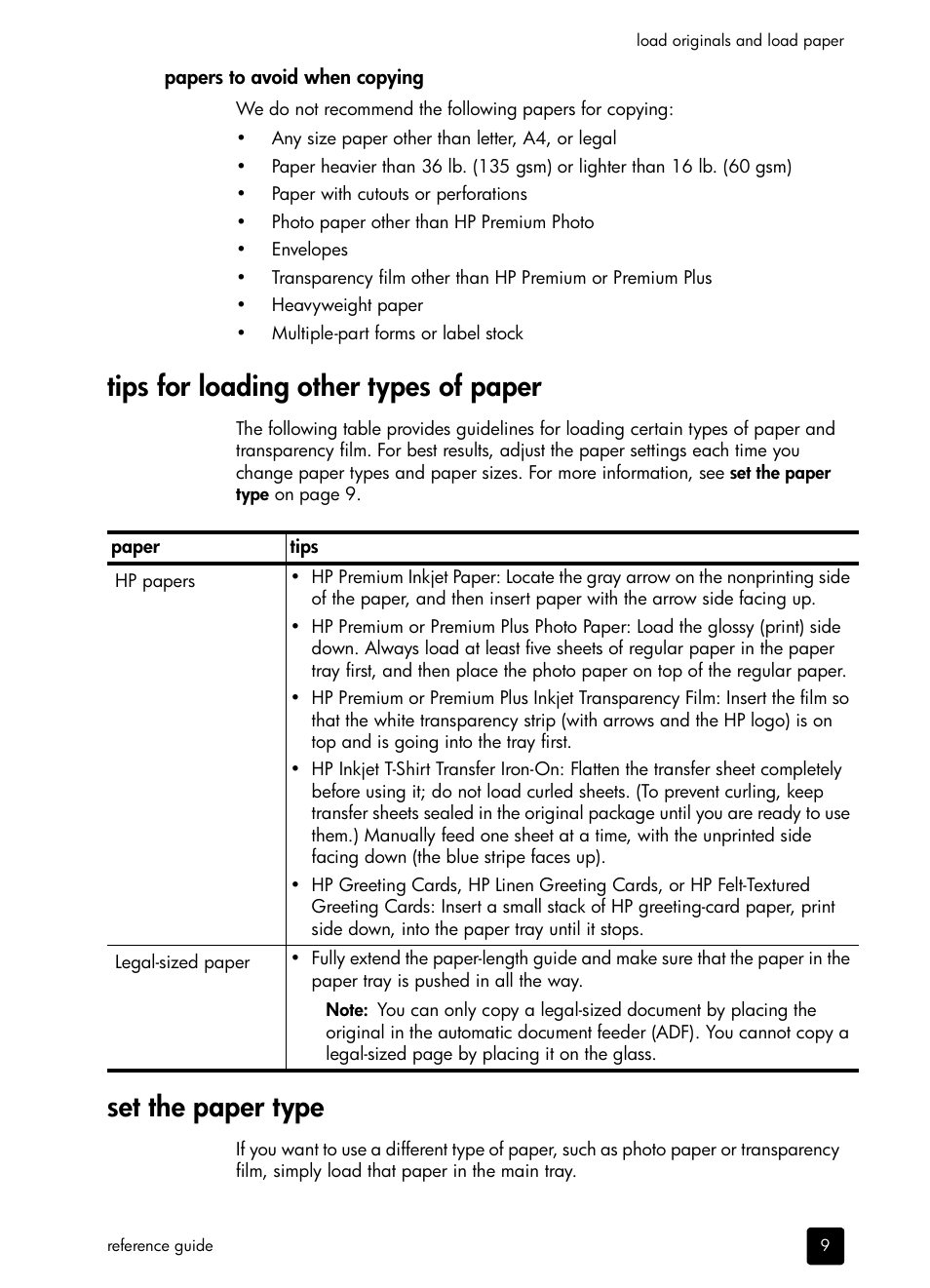 Papers to avoid when copying, Tips for loading other types of paper, Set the paper type | HP 410 User Manual | Page 13 / 64