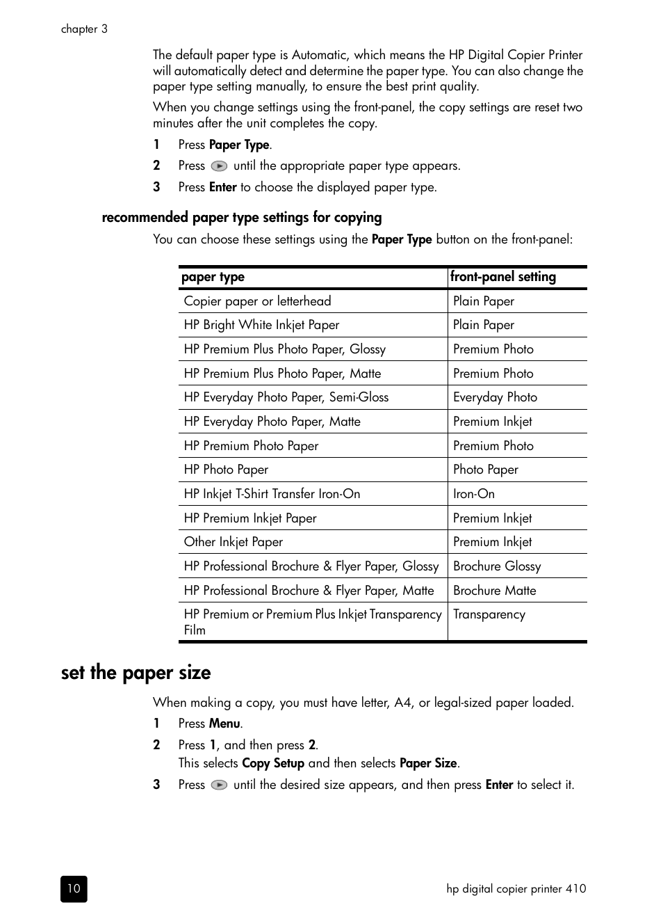 Recommended paper type settings for copying, Set the paper size | HP 410 User Manual | Page 14 / 64