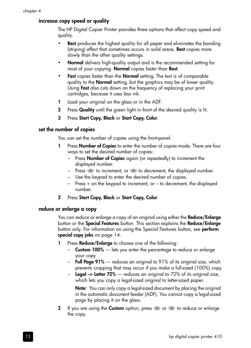 Increase copy speed or quality, Set the number of copies, Reduce or enlarge a copy | HP 410 User Manual | Page 16 / 64