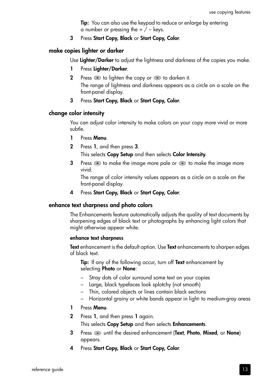 Make copies lighter or darker, Change color intensity, Enhance text sharpness and photo colors | HP 410 User Manual | Page 17 / 64