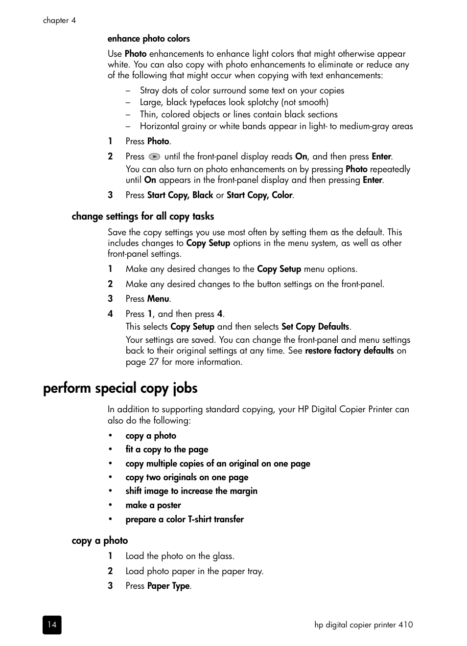 Change settings for all copy tasks, Perform special copy jobs, Copy a photo | HP 410 User Manual | Page 18 / 64