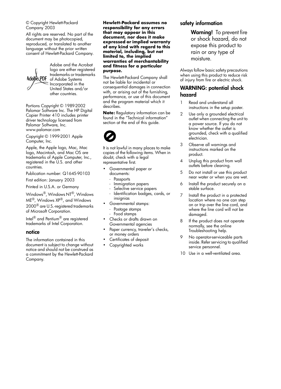 Notice, Warning: potential shock hazard | HP 410 User Manual | Page 2 / 64